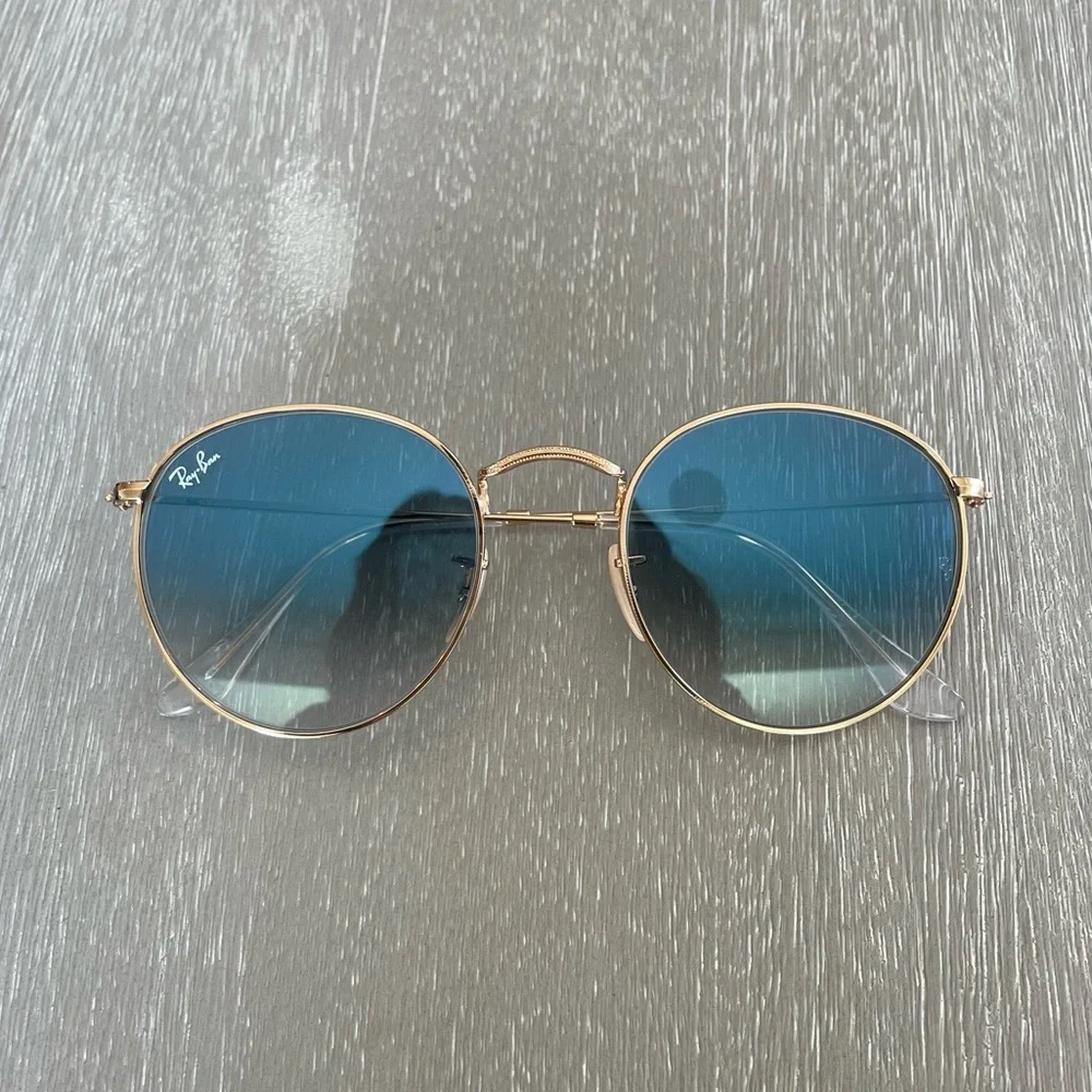 Ray-Ban Sunglasses Round Flat Lenses Gold Frame Blue Lenses - Picture 3 of 5